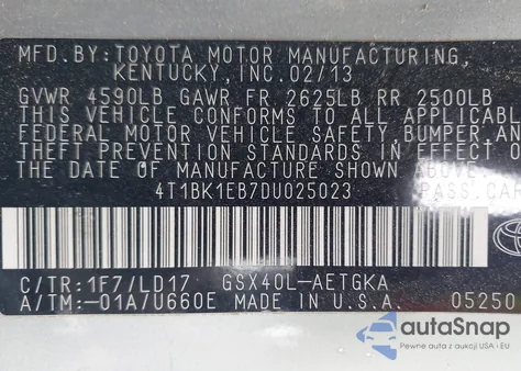 2013 Toyota Avalon Xle из США, поврежденный, VIN 4T1BK1EB7DU025023